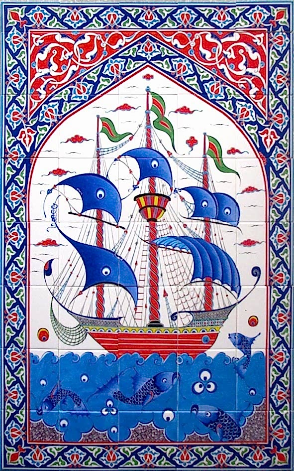 100x160 Cm ED 651 Osmanlı Kalyon Gemi Desenli El dekoru Çini Pano