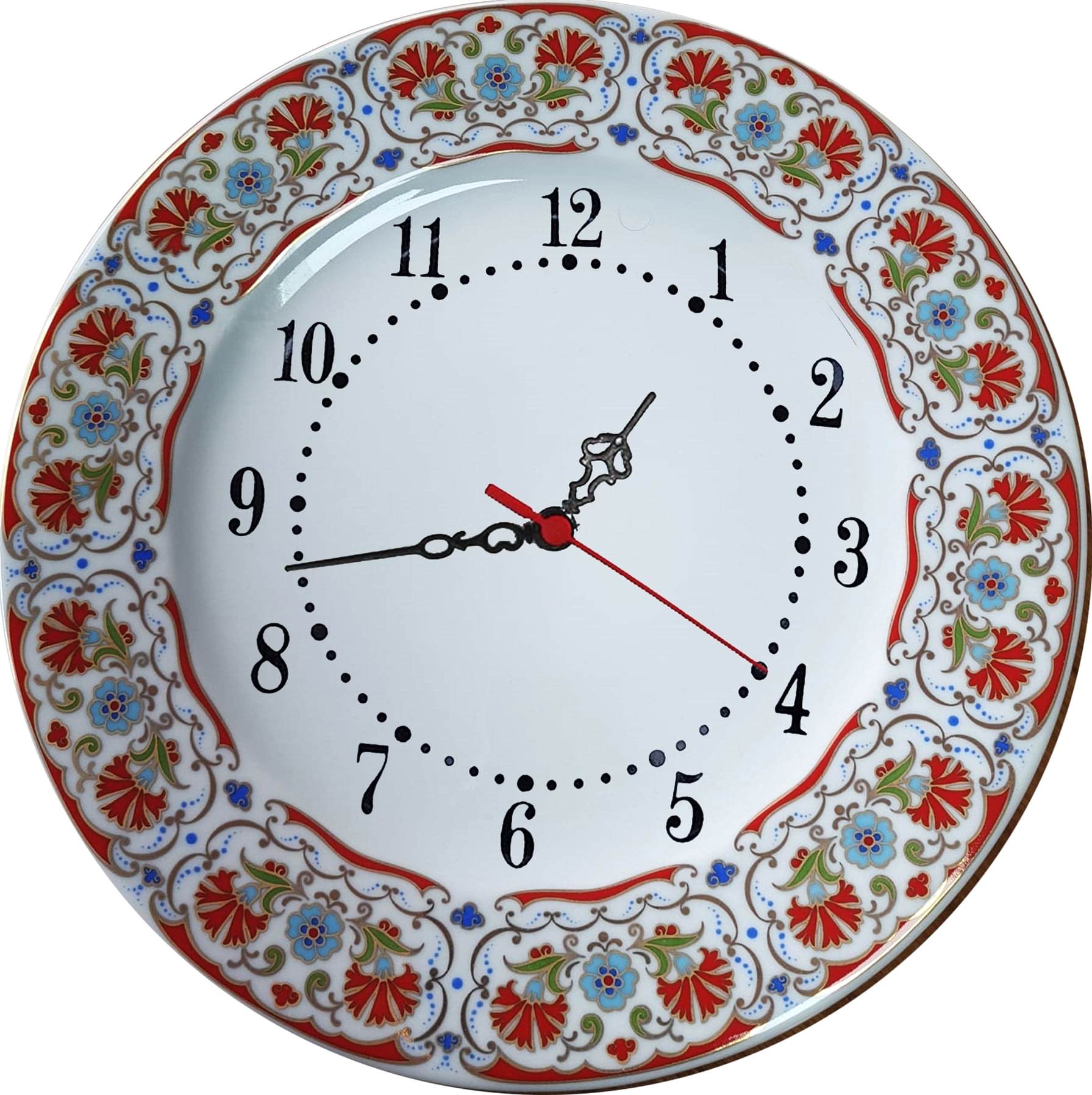 PRT 133 25 Cm Kırmızı Altın Yaldızlı karanfil Desenli Porselen Çini saat