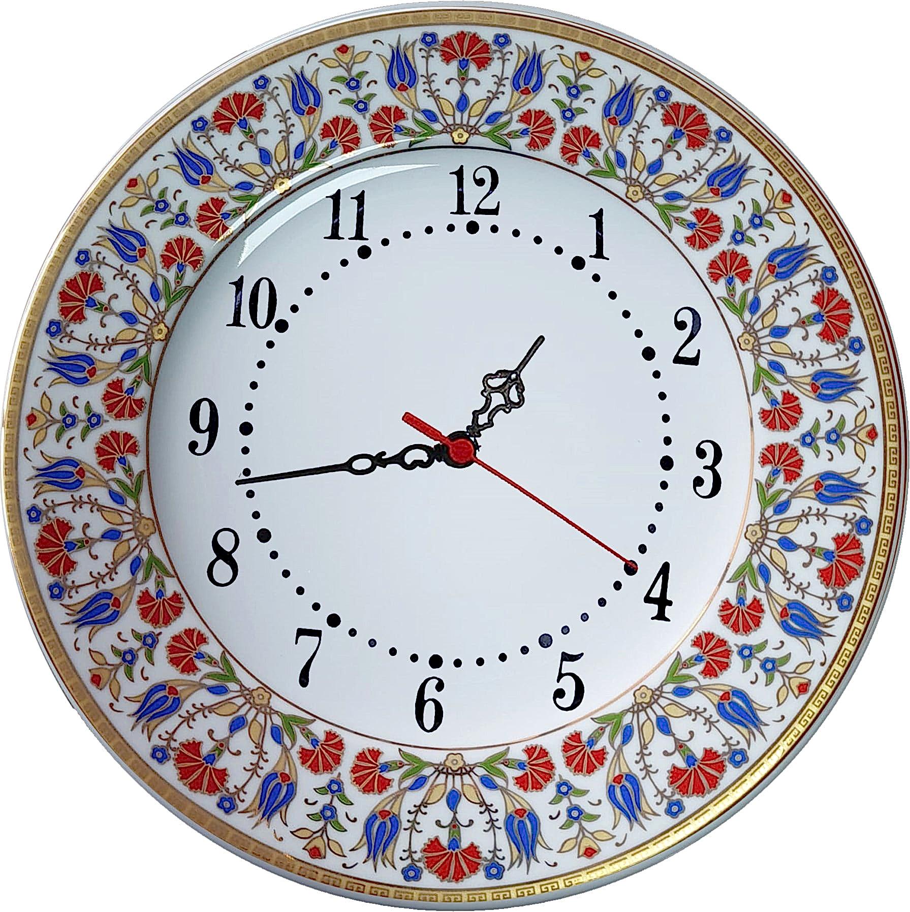 PRT 141 25 Cm Sarı Altın Yaldızlı Lale karanfil Desenli Porselen Çini saat