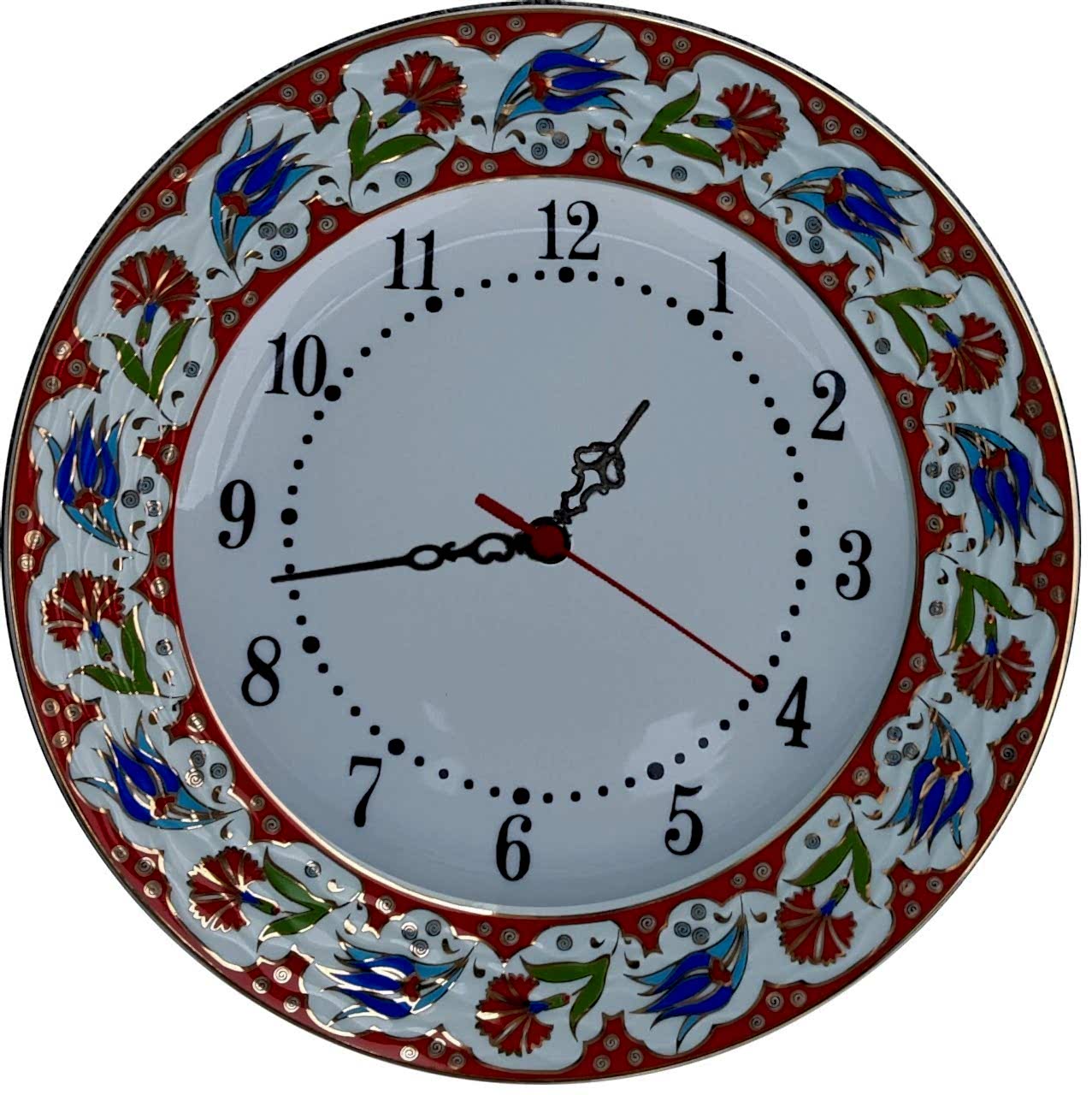 PRT 65 25 Cm Kırmızı Altın Yaldızlı Lale karanfil Desenli Porselen Çini saat