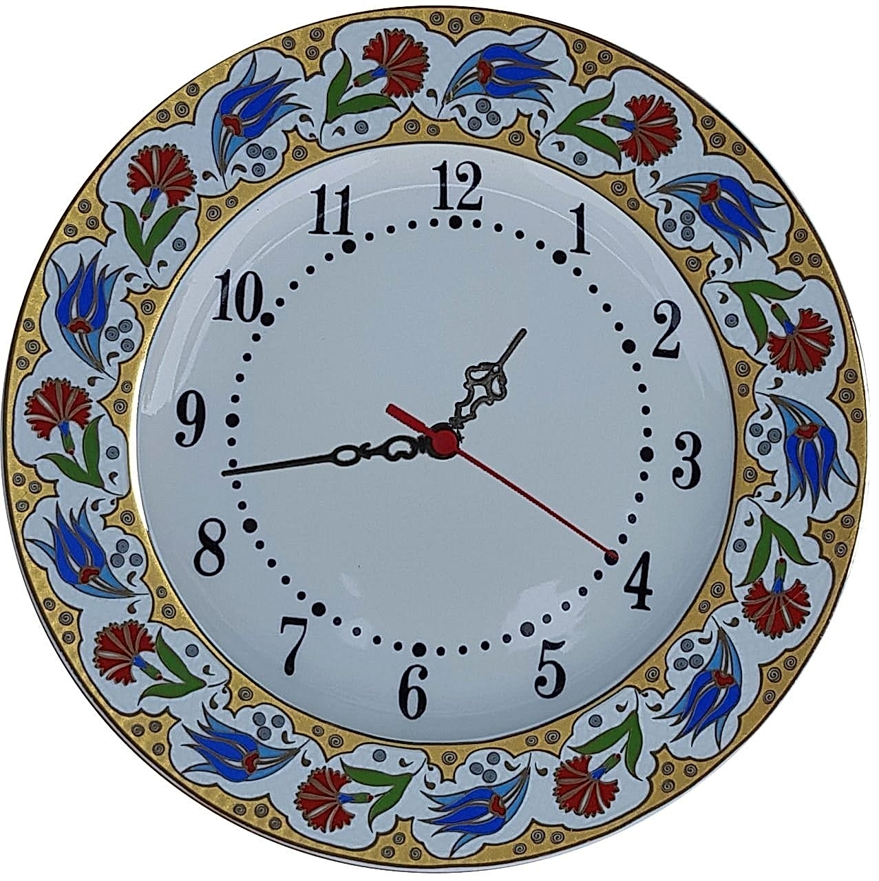 PRT 66 25 Cm Kırmızı Sarı Yaldızlı Lale karanfil Desenli Porselen Çini saat