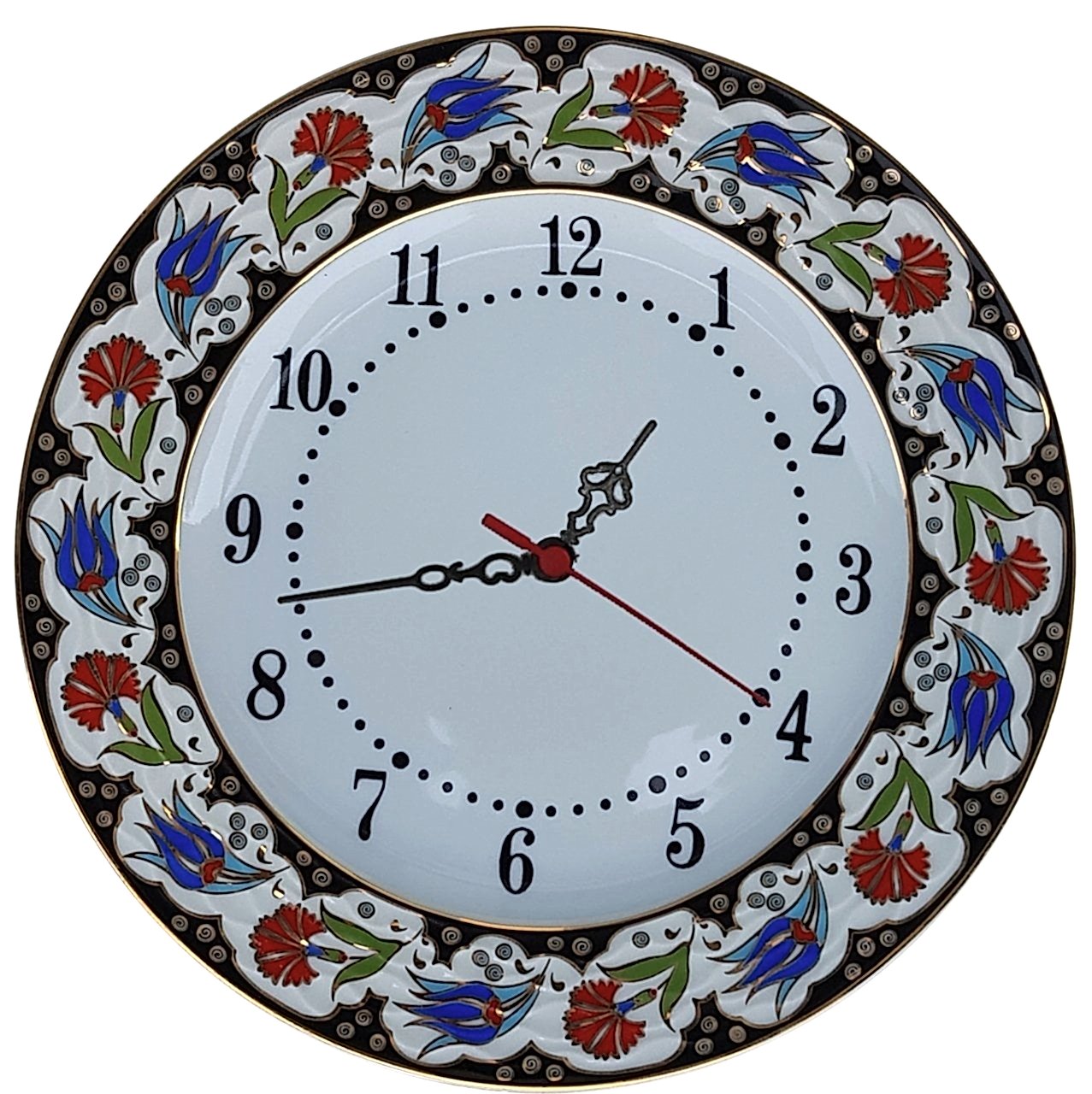 PRT 67 25 Cm Kırmızı Siyah Yaldızlı Lale karanfil Desenli Porselen Çini saat