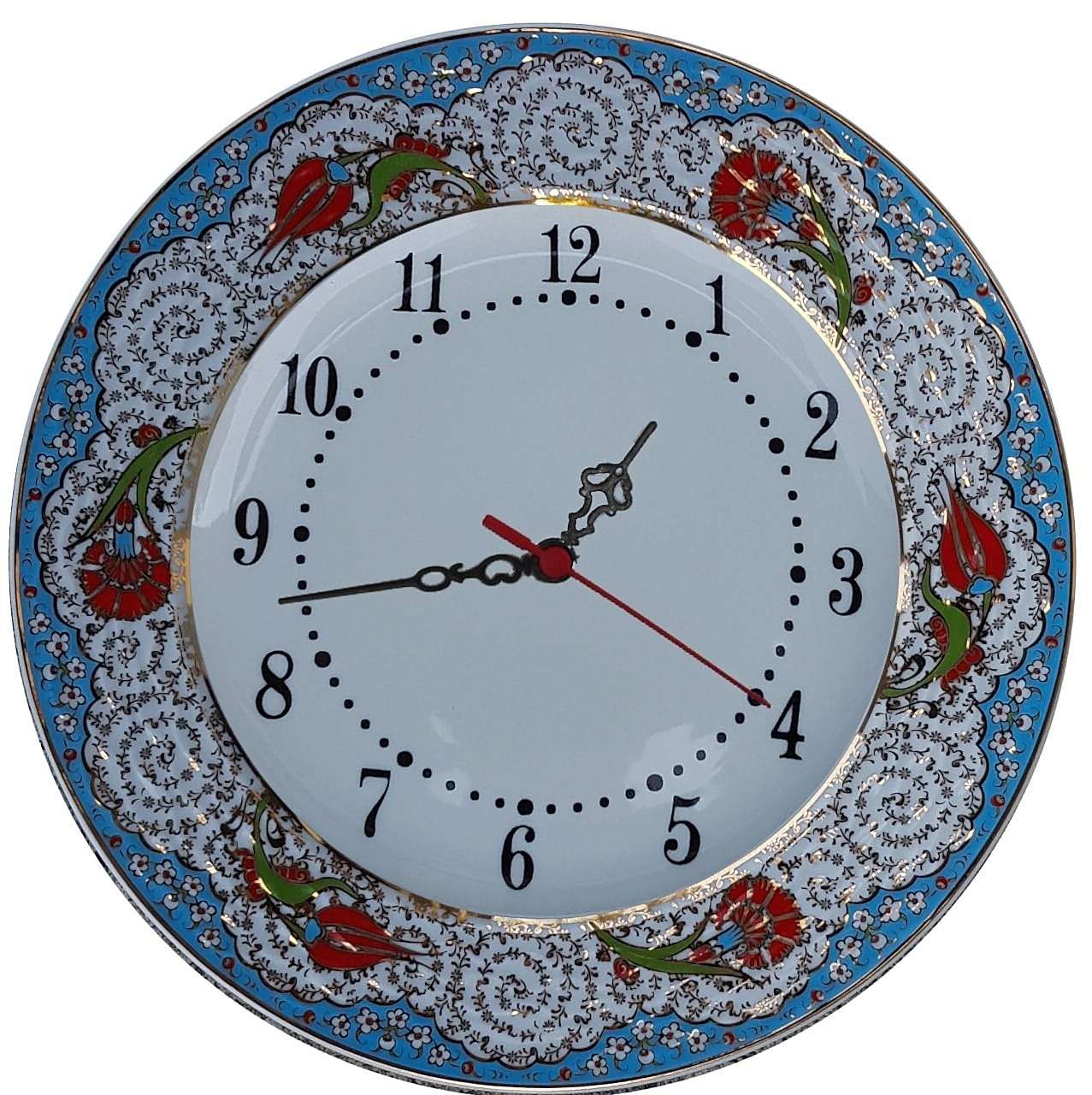 PRT 68 25 Cm Mavi Altın Yaldızlı Lale karanfil Desenli Porselen Çini saat