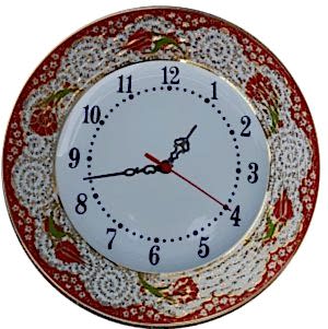 PRT 69 25 Cm Kırmızı Altın Yaldızlı Lale karanfil Desenli Porselen Çini saat