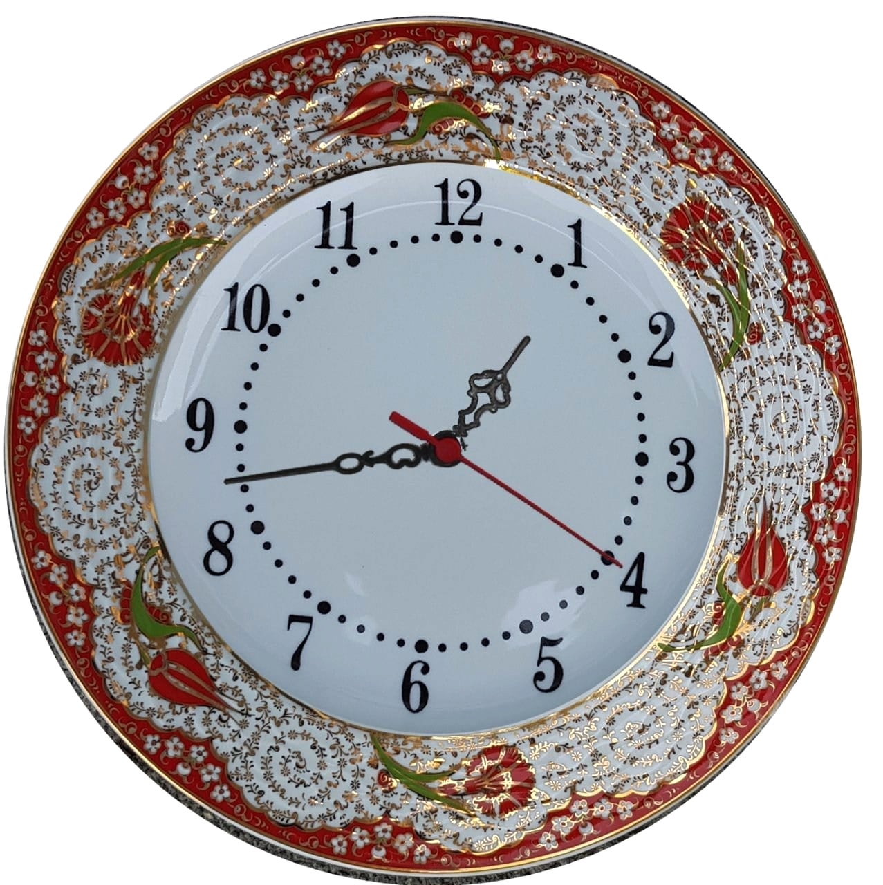 PRT 69 25 Cm Kırmızı Altın Yaldızlı Lale karanfil Desenli Porselen Çini saat