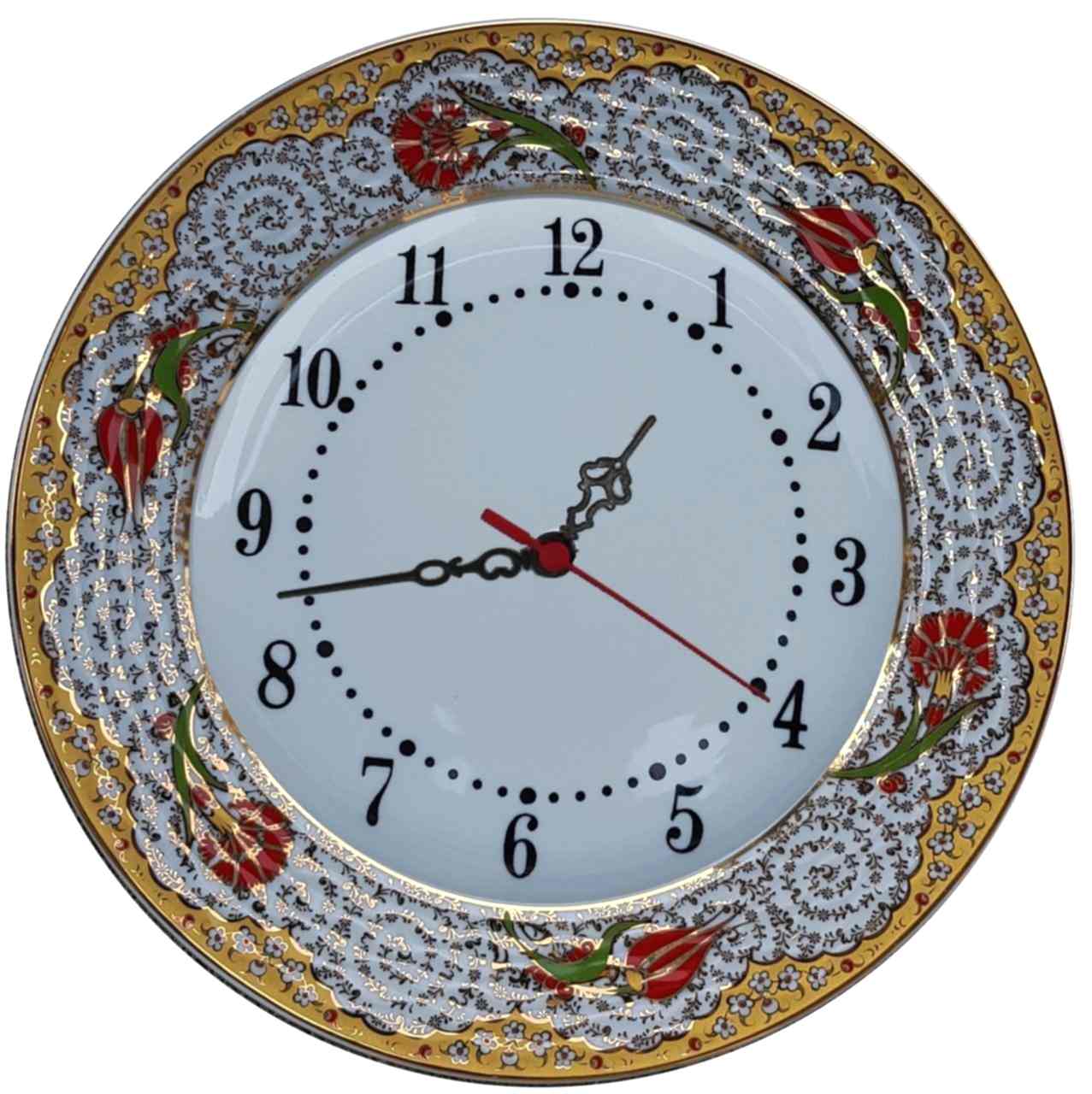 PRT 70 25 Cm Kırmızı Sarı Yaldızlı Lale karanfil Desenli Porselen Çini saat